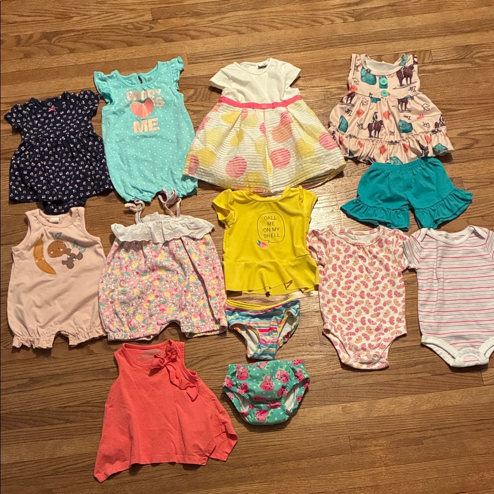 Colorful Kids One Piece Set. Includes Rompers, Dress, 2 Piece Outfit, Swimsuit